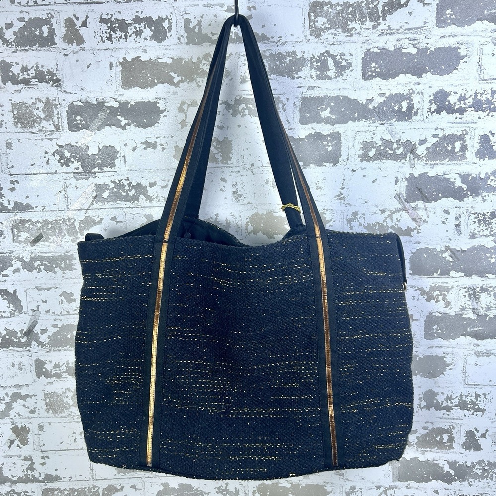 America & Beyond Luxe Love Tote Large Black Gold Pom Poms Tassels Metallic Spark - Picture 2 of 16